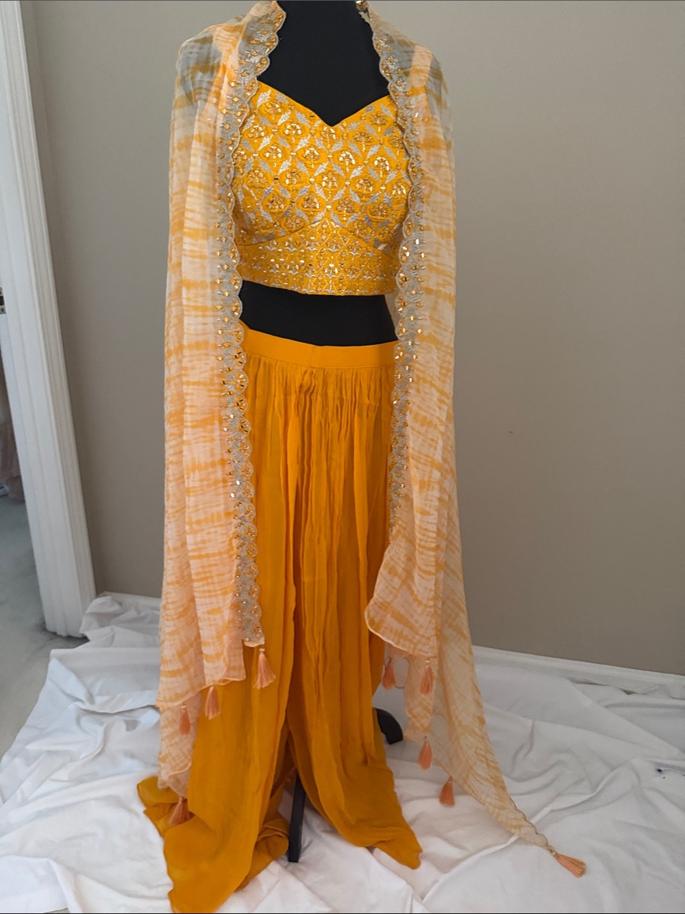 Haldi Yellow Embellished Women’s Lehenga pant  Set with Dupatta Cape